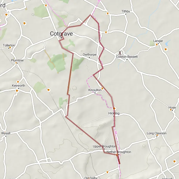 Map miniature of "Dalby Windmill Loop" cycling inspiration in Derbyshire and Nottinghamshire, United Kingdom. Generated by Tarmacs.app cycling route planner