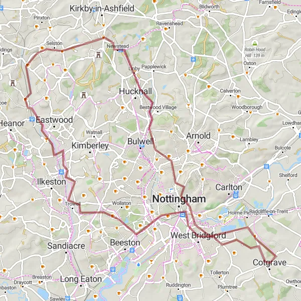 Map miniature of "Gateway to Nottingham" cycling inspiration in Derbyshire and Nottinghamshire, United Kingdom. Generated by Tarmacs.app cycling route planner