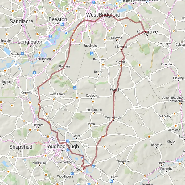 Map miniature of "Scenic Loop through Nottinghamshire" cycling inspiration in Derbyshire and Nottinghamshire, United Kingdom. Generated by Tarmacs.app cycling route planner