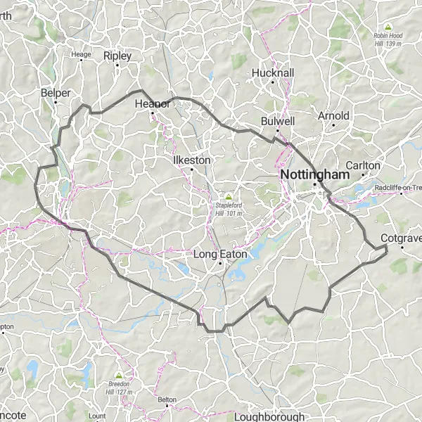 Map miniature of "The Gotham Challenge" cycling inspiration in Derbyshire and Nottinghamshire, United Kingdom. Generated by Tarmacs.app cycling route planner