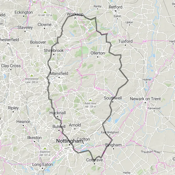 Map miniature of "The Sherwood Challenge" cycling inspiration in Derbyshire and Nottinghamshire, United Kingdom. Generated by Tarmacs.app cycling route planner