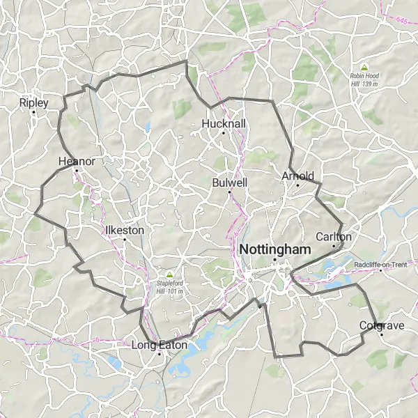 Map miniature of "The Derbyshire Adventure" cycling inspiration in Derbyshire and Nottinghamshire, United Kingdom. Generated by Tarmacs.app cycling route planner