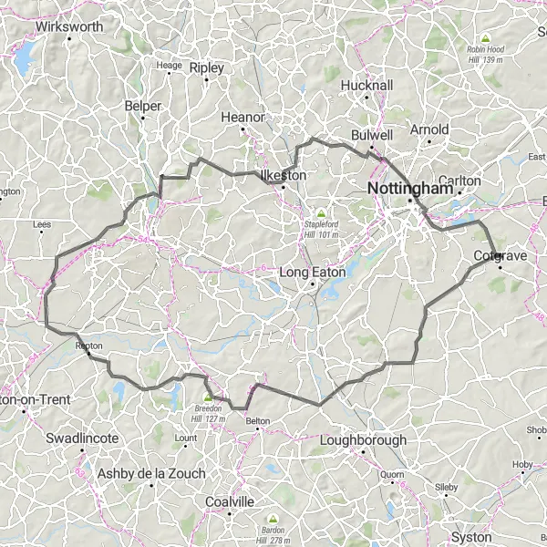 Map miniature of "The Melburnian Challenge" cycling inspiration in Derbyshire and Nottinghamshire, United Kingdom. Generated by Tarmacs.app cycling route planner
