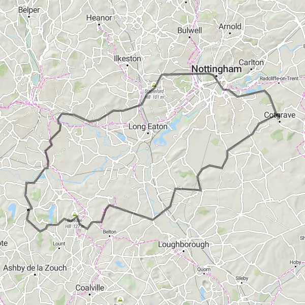 Map miniature of "The Charnwood Challenge" cycling inspiration in Derbyshire and Nottinghamshire, United Kingdom. Generated by Tarmacs.app cycling route planner