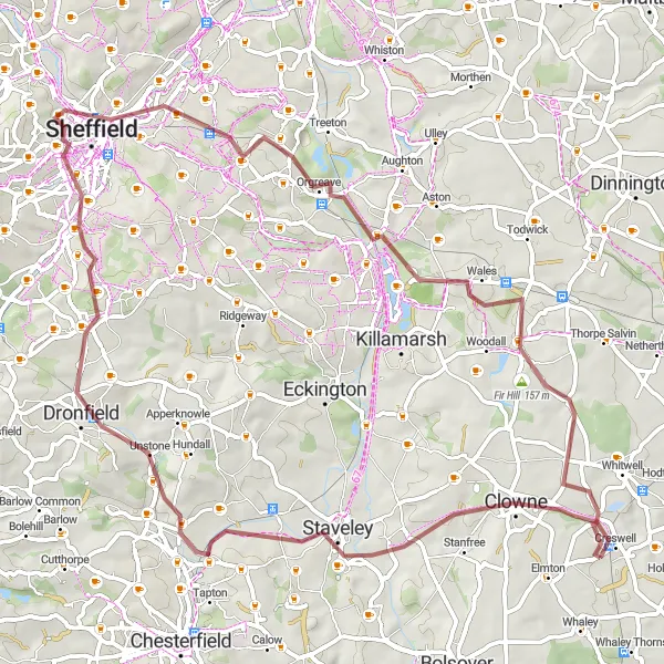 Map miniature of "Creswell to Clowne Gravel Route" cycling inspiration in Derbyshire and Nottinghamshire, United Kingdom. Generated by Tarmacs.app cycling route planner