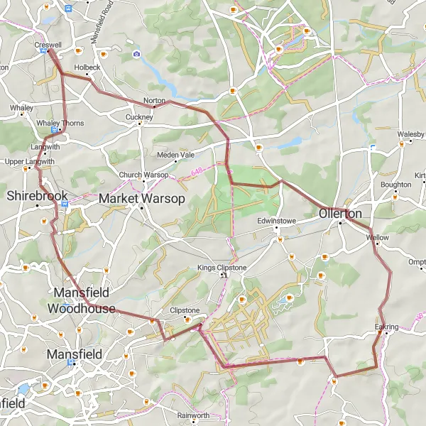 Map miniature of "Gravel Ride to Creswell Crags" cycling inspiration in Derbyshire and Nottinghamshire, United Kingdom. Generated by Tarmacs.app cycling route planner