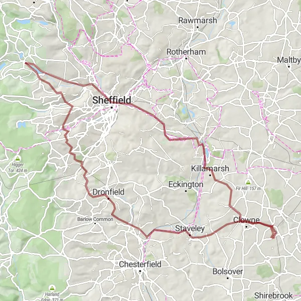 Map miniature of "Gravel Adventures: Clowne and Dronfield" cycling inspiration in Derbyshire and Nottinghamshire, United Kingdom. Generated by Tarmacs.app cycling route planner