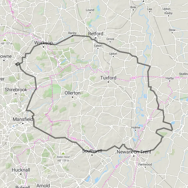 Map miniature of "Creswell to Creswell via Derbyshire and Nottinghamshire" cycling inspiration in Derbyshire and Nottinghamshire, United Kingdom. Generated by Tarmacs.app cycling route planner