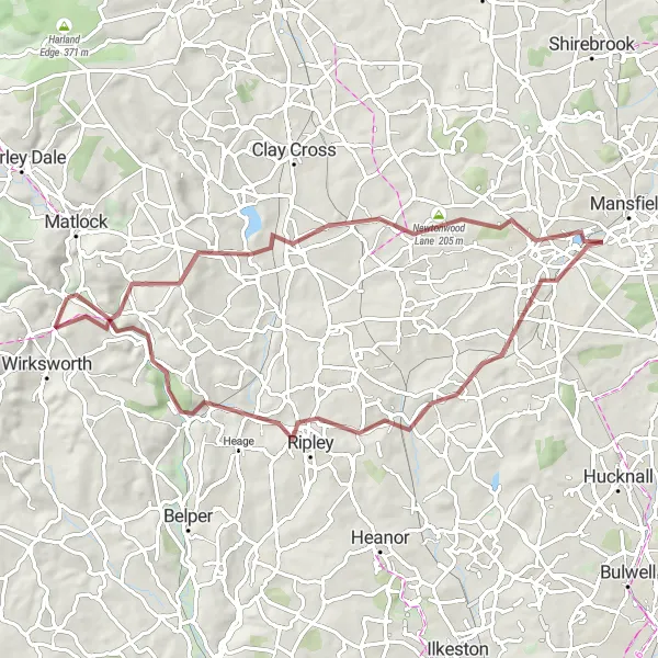 Map miniature of "Country Lanes and Hidden Gems" cycling inspiration in Derbyshire and Nottinghamshire, United Kingdom. Generated by Tarmacs.app cycling route planner