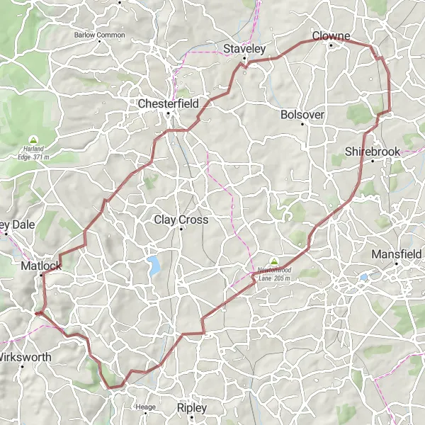 Map miniature of "The Wingerworth Adventure" cycling inspiration in Derbyshire and Nottinghamshire, United Kingdom. Generated by Tarmacs.app cycling route planner