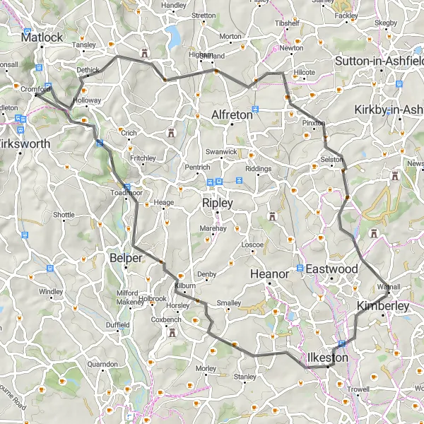 Map miniature of "Heritage and Nature Exploration" cycling inspiration in Derbyshire and Nottinghamshire, United Kingdom. Generated by Tarmacs.app cycling route planner