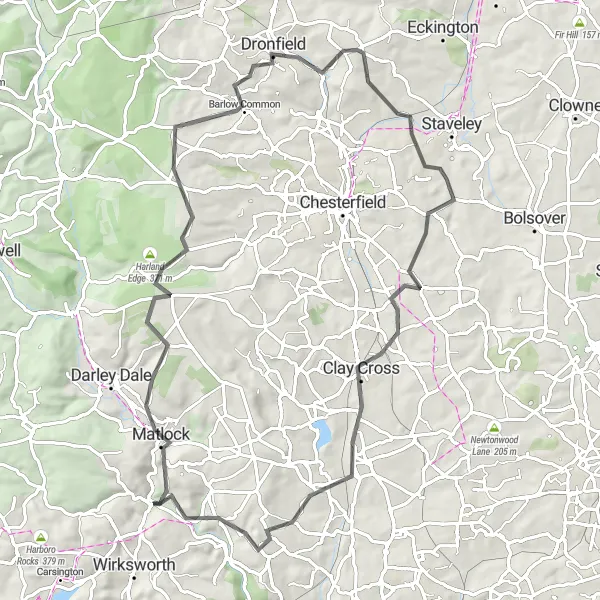 Map miniature of "Matlock Hills Challenge" cycling inspiration in Derbyshire and Nottinghamshire, United Kingdom. Generated by Tarmacs.app cycling route planner
