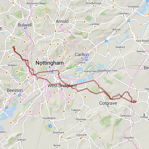 Map miniature of "The Nottinghamshire Adventure" cycling inspiration in Derbyshire and Nottinghamshire, United Kingdom. Generated by Tarmacs.app cycling route planner