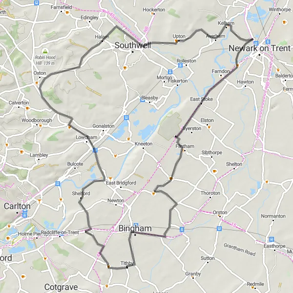 Map miniature of "Cropwell Butler Loop" cycling inspiration in Derbyshire and Nottinghamshire, United Kingdom. Generated by Tarmacs.app cycling route planner