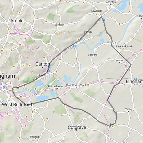 Map miniature of "Cropwell Bishop to West Bridgford Loop" cycling inspiration in Derbyshire and Nottinghamshire, United Kingdom. Generated by Tarmacs.app cycling route planner