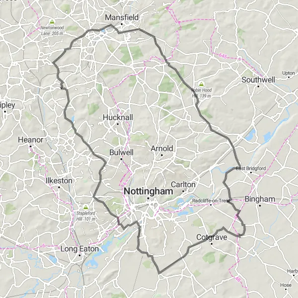 Map miniature of "Cropwell Bishop to Sutton-in-Ashfield Loop" cycling inspiration in Derbyshire and Nottinghamshire, United Kingdom. Generated by Tarmacs.app cycling route planner
