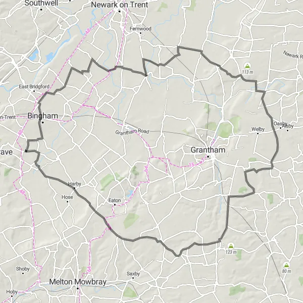 Map miniature of "The Vale of Belvoir Loop" cycling inspiration in Derbyshire and Nottinghamshire, United Kingdom. Generated by Tarmacs.app cycling route planner