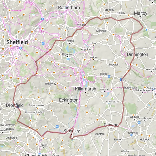 Map miniature of "Conkers to Hilltop Gravel Ride" cycling inspiration in Derbyshire and Nottinghamshire, United Kingdom. Generated by Tarmacs.app cycling route planner