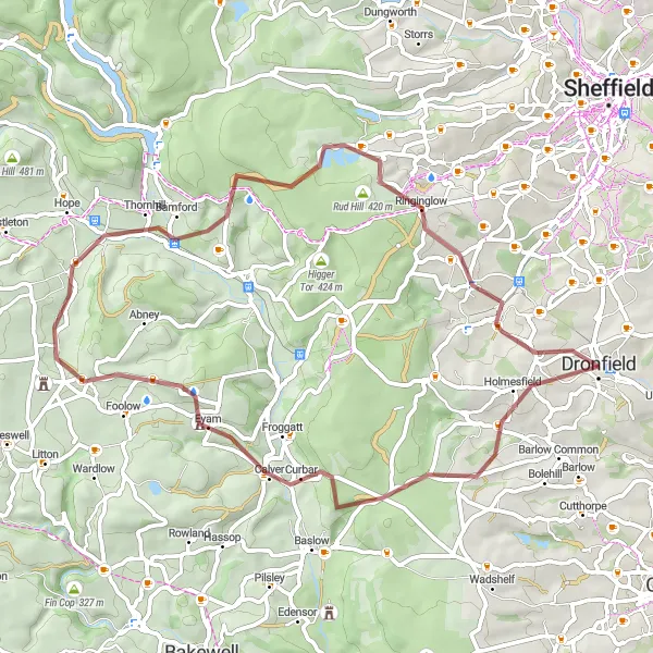 Map miniature of "Gravel Excursion" cycling inspiration in Derbyshire and Nottinghamshire, United Kingdom. Generated by Tarmacs.app cycling route planner