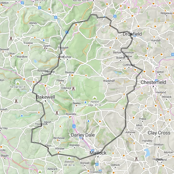 Map miniature of "Matlock loop via Elton and Calver" cycling inspiration in Derbyshire and Nottinghamshire, United Kingdom. Generated by Tarmacs.app cycling route planner