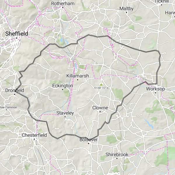 Map miniature of "Historic and Scenic South Yorkshire" cycling inspiration in Derbyshire and Nottinghamshire, United Kingdom. Generated by Tarmacs.app cycling route planner