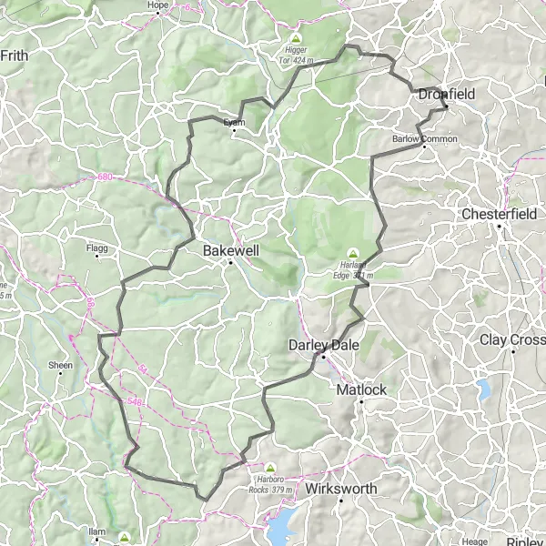 Map miniature of "Wadshelf to Dronfield Woodhouse Road Challenge" cycling inspiration in Derbyshire and Nottinghamshire, United Kingdom. Generated by Tarmacs.app cycling route planner