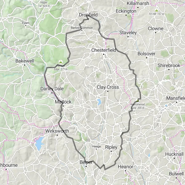 Map miniature of "Peak District Challenge" cycling inspiration in Derbyshire and Nottinghamshire, United Kingdom. Generated by Tarmacs.app cycling route planner