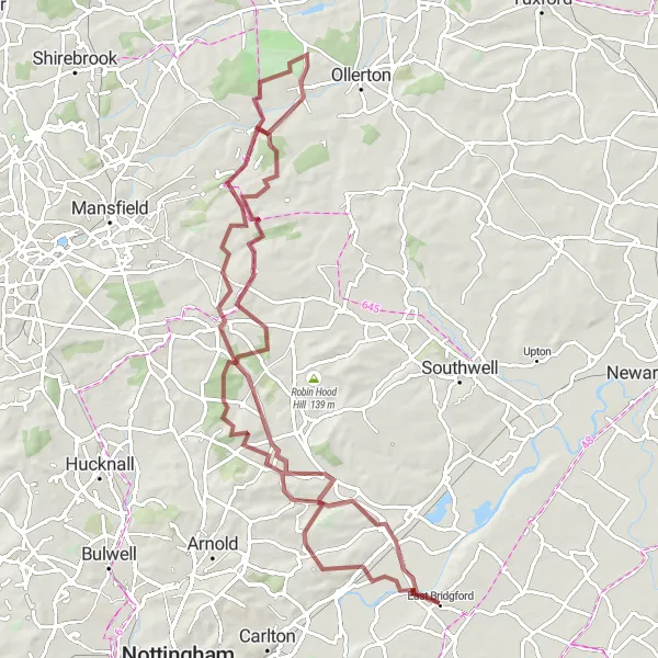 Map miniature of "Majestic Gravel Adventure" cycling inspiration in Derbyshire and Nottinghamshire, United Kingdom. Generated by Tarmacs.app cycling route planner