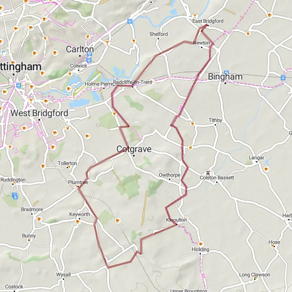 Map miniature of "The Nottinghamshire Gravel Explorer" cycling inspiration in Derbyshire and Nottinghamshire, United Kingdom. Generated by Tarmacs.app cycling route planner