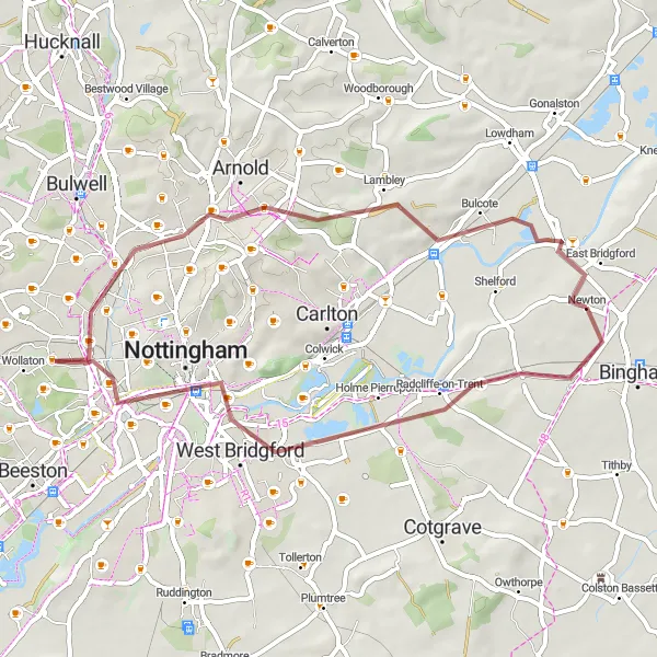 Map miniature of "Bridgford Gravel Adventure" cycling inspiration in Derbyshire and Nottinghamshire, United Kingdom. Generated by Tarmacs.app cycling route planner