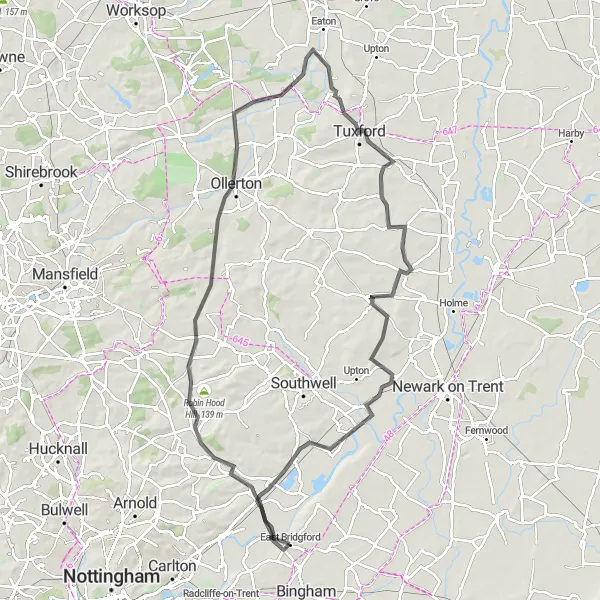 Map miniature of "Oxton and Beyond" cycling inspiration in Derbyshire and Nottinghamshire, United Kingdom. Generated by Tarmacs.app cycling route planner