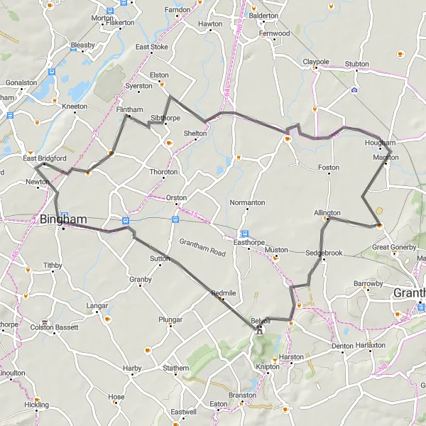 Map miniature of "Scenic Countryside Ride" cycling inspiration in Derbyshire and Nottinghamshire, United Kingdom. Generated by Tarmacs.app cycling route planner