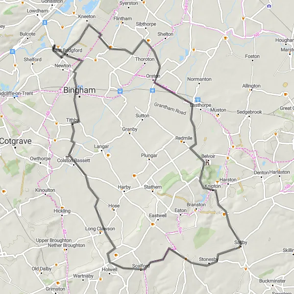 Map miniature of "The Belvoir Castle Challenge" cycling inspiration in Derbyshire and Nottinghamshire, United Kingdom. Generated by Tarmacs.app cycling route planner