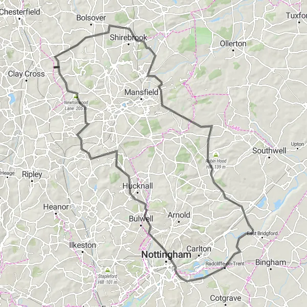 Map miniature of "The Nottingham Loop" cycling inspiration in Derbyshire and Nottinghamshire, United Kingdom. Generated by Tarmacs.app cycling route planner