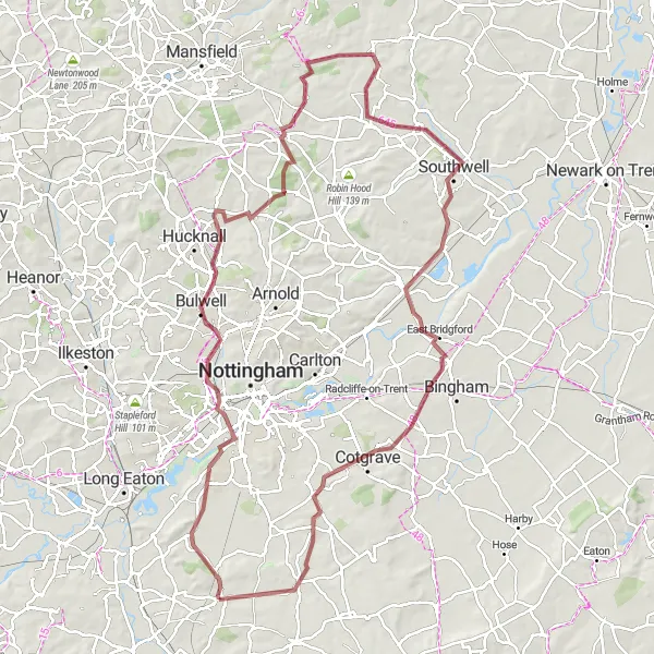 Map miniature of "Exploring the Nottinghamshire Countryside" cycling inspiration in Derbyshire and Nottinghamshire, United Kingdom. Generated by Tarmacs.app cycling route planner