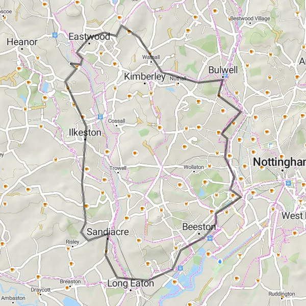 Map miniature of "The Greasley Delight" cycling inspiration in Derbyshire and Nottinghamshire, United Kingdom. Generated by Tarmacs.app cycling route planner