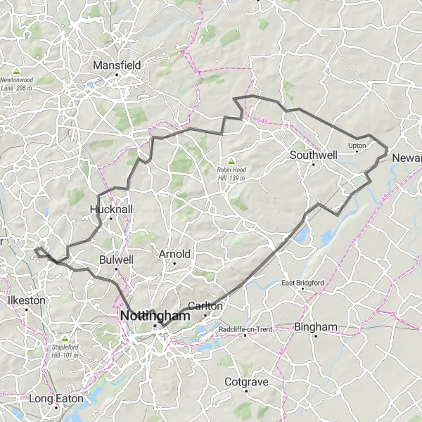 Map miniature of "The Loop of Nottinghamshire" cycling inspiration in Derbyshire and Nottinghamshire, United Kingdom. Generated by Tarmacs.app cycling route planner