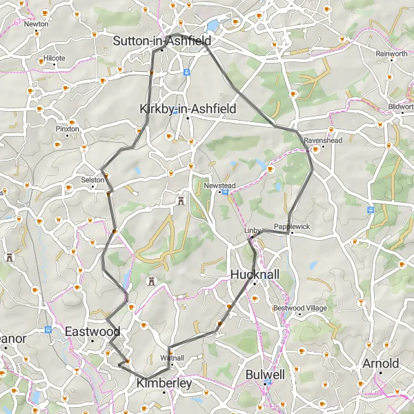 Map miniature of "Historical Ride to Selston" cycling inspiration in Derbyshire and Nottinghamshire, United Kingdom. Generated by Tarmacs.app cycling route planner