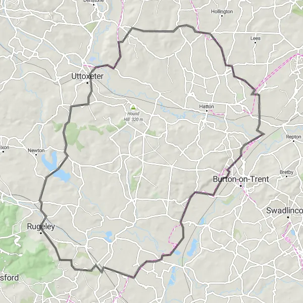 Map miniature of "The Alkmonton Loop" cycling inspiration in Derbyshire and Nottinghamshire, United Kingdom. Generated by Tarmacs.app cycling route planner