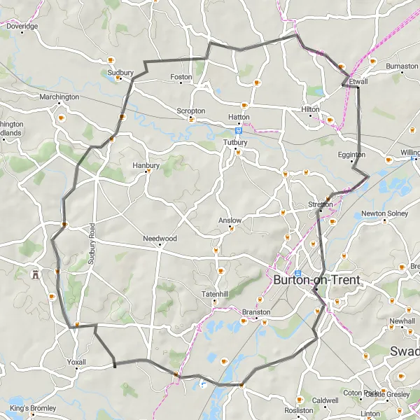 Map miniature of "Walton-on-Trent Adventure" cycling inspiration in Derbyshire and Nottinghamshire, United Kingdom. Generated by Tarmacs.app cycling route planner