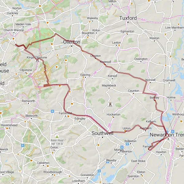 Map miniature of "The Sherwood Forest Explorer" cycling inspiration in Derbyshire and Nottinghamshire, United Kingdom. Generated by Tarmacs.app cycling route planner