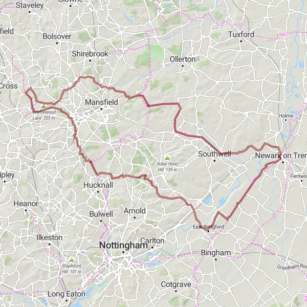 Map miniature of "Farndon Gravel Adventure" cycling inspiration in Derbyshire and Nottinghamshire, United Kingdom. Generated by Tarmacs.app cycling route planner