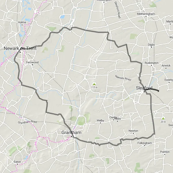 Map miniature of "The Farndon and Newark Circular" cycling inspiration in Derbyshire and Nottinghamshire, United Kingdom. Generated by Tarmacs.app cycling route planner