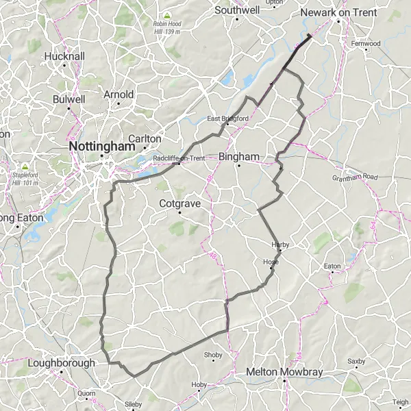 Map miniature of "The Trent Valley Loop" cycling inspiration in Derbyshire and Nottinghamshire, United Kingdom. Generated by Tarmacs.app cycling route planner