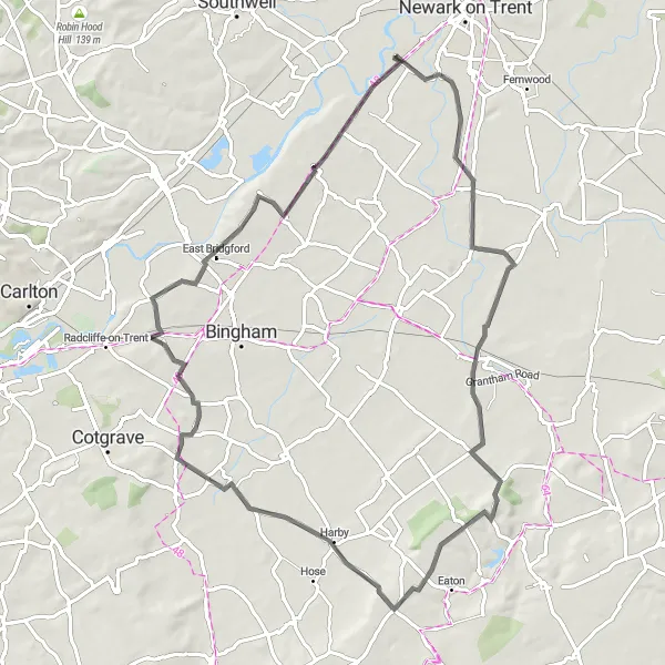 Map miniature of "The Farndon and Bottesford Loop" cycling inspiration in Derbyshire and Nottinghamshire, United Kingdom. Generated by Tarmacs.app cycling route planner