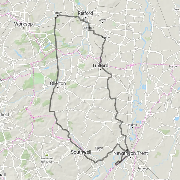 Map miniature of "A Peaceful Ride to Queen's Sconce" cycling inspiration in Derbyshire and Nottinghamshire, United Kingdom. Generated by Tarmacs.app cycling route planner