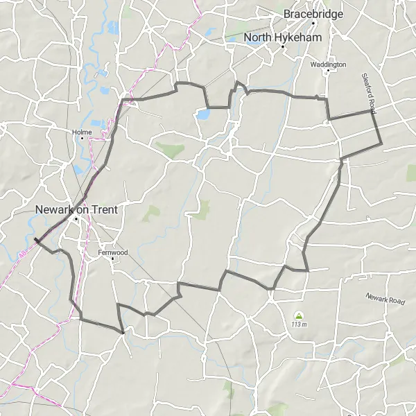 Map miniature of "The Swinderby and Hawton Loop" cycling inspiration in Derbyshire and Nottinghamshire, United Kingdom. Generated by Tarmacs.app cycling route planner