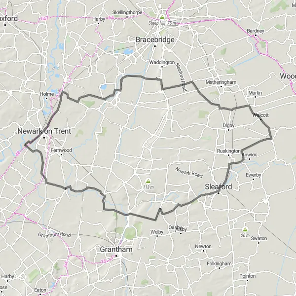 Map miniature of "The Fenland Escape" cycling inspiration in Derbyshire and Nottinghamshire, United Kingdom. Generated by Tarmacs.app cycling route planner