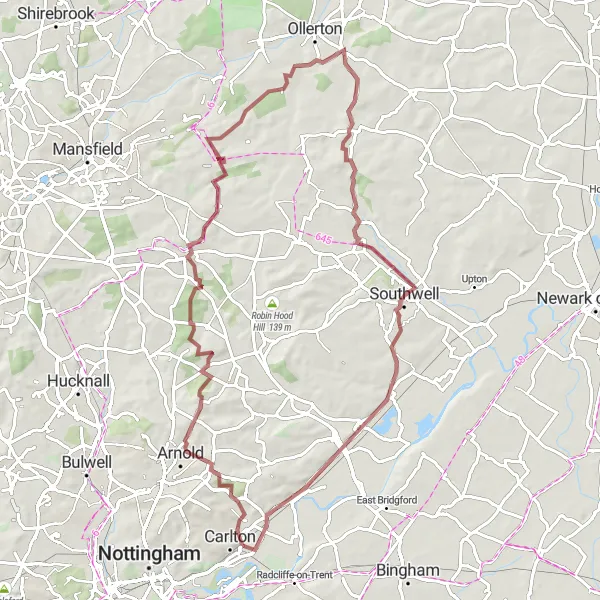 Map miniature of "Gedling & Southwell Gravel Route" cycling inspiration in Derbyshire and Nottinghamshire, United Kingdom. Generated by Tarmacs.app cycling route planner