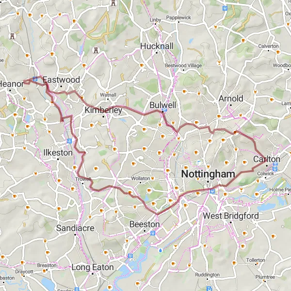 Map miniature of "Bennerley Viaduct Gravel Adventure" cycling inspiration in Derbyshire and Nottinghamshire, United Kingdom. Generated by Tarmacs.app cycling route planner